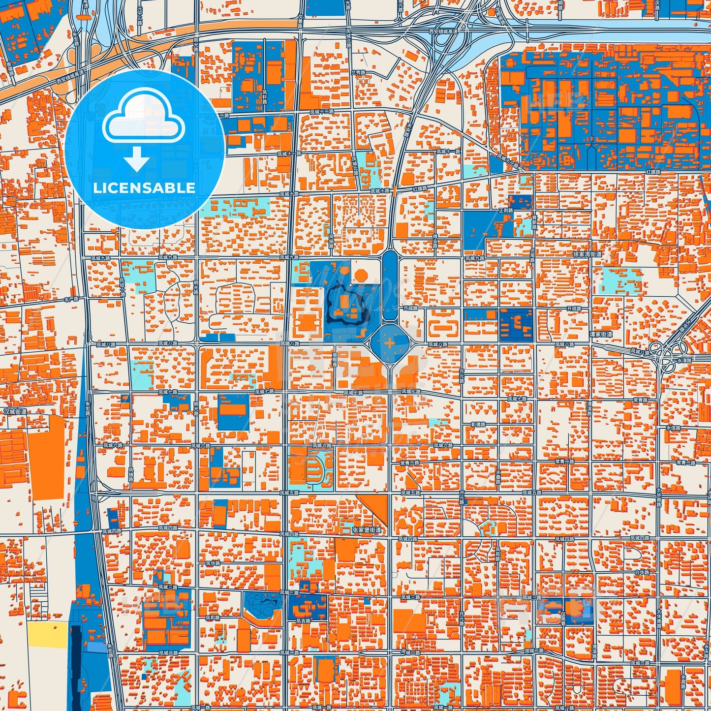 Colorful Xi an Street Map with Labels and Buildings