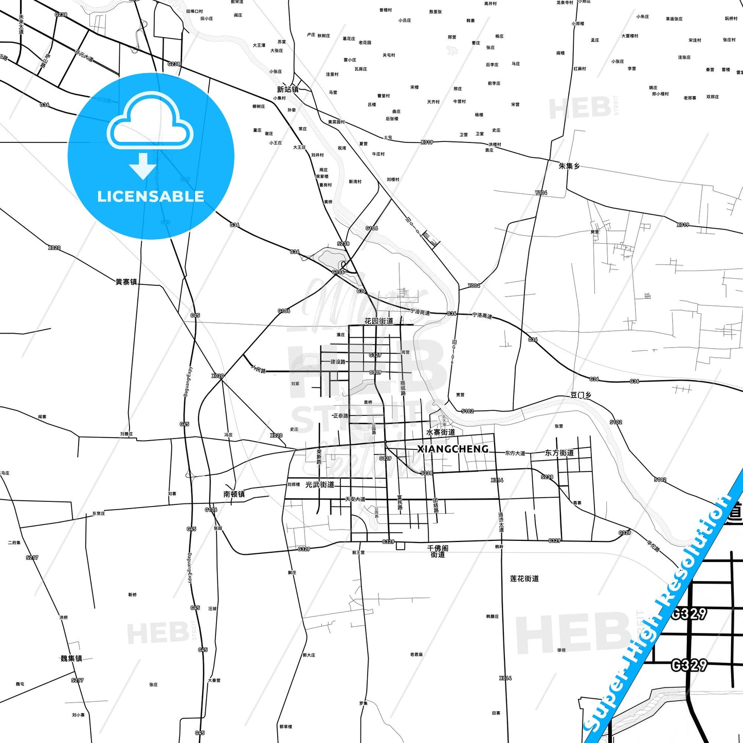 Xiangcheng, China light map with streetnames, citynames and districts