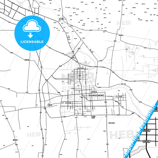 Xiangcheng, China light map with streetnames, citynames and districts