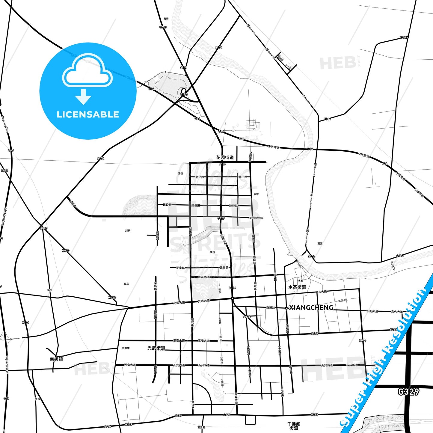 Xiangcheng, China Light Map with Street Names, City Names, and Districts