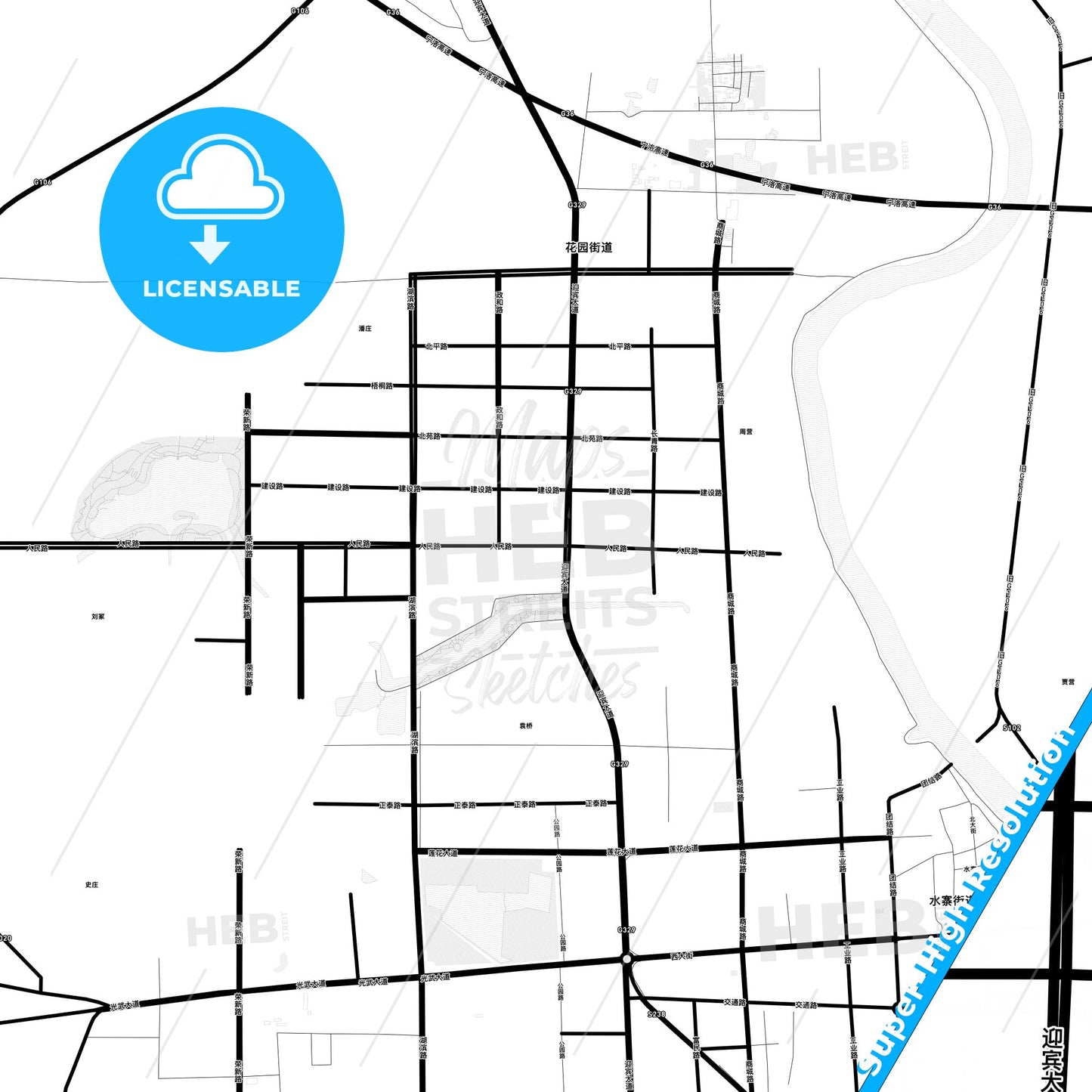 Xiangcheng, China Light Map with Street Names, City Names, and Districts