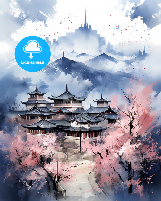 Xiangcheng China Skyline Painting Vibrancy Art Chinese Culture Landscape Building Mountain