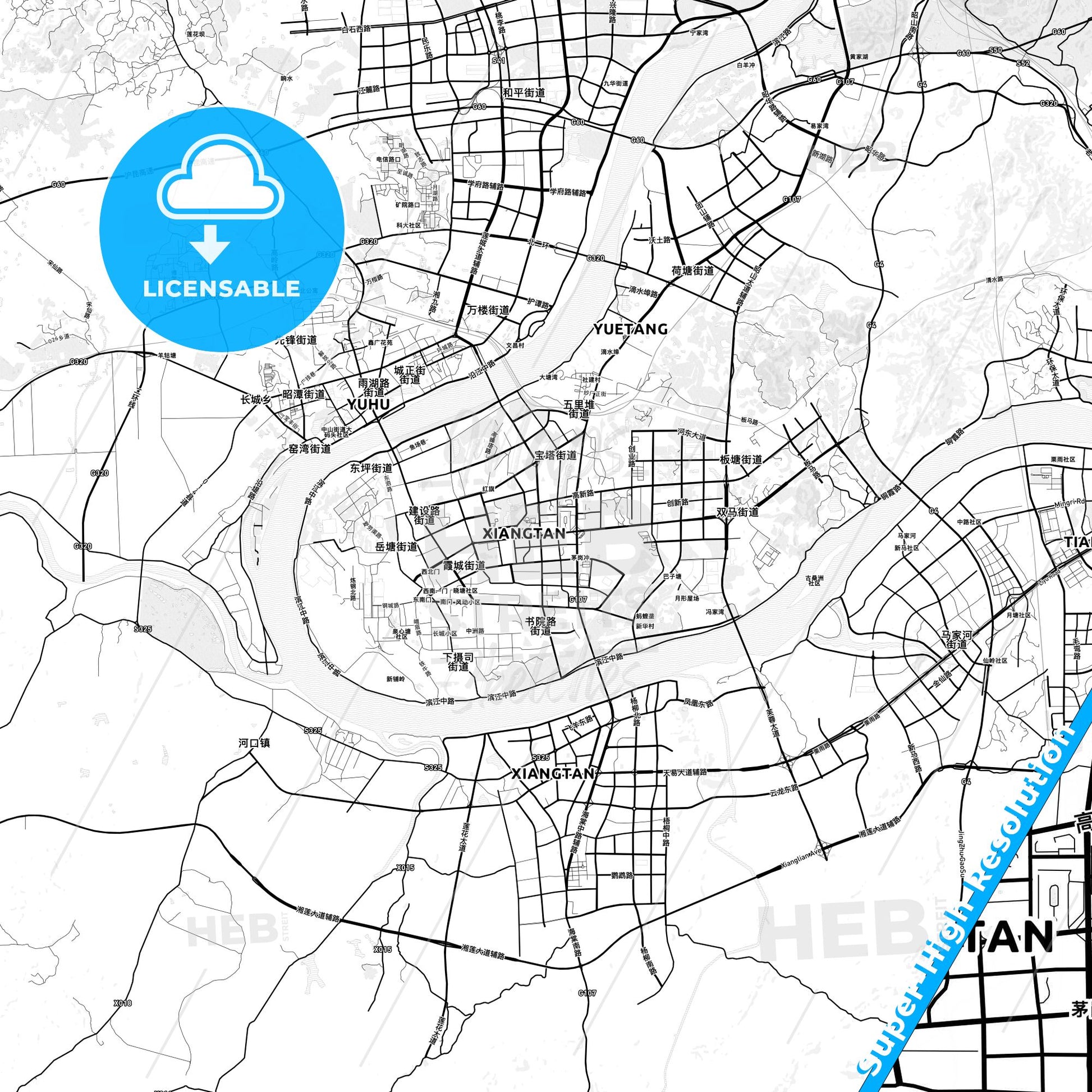 Xiangtan, China light map with streetnames, citynames and districts