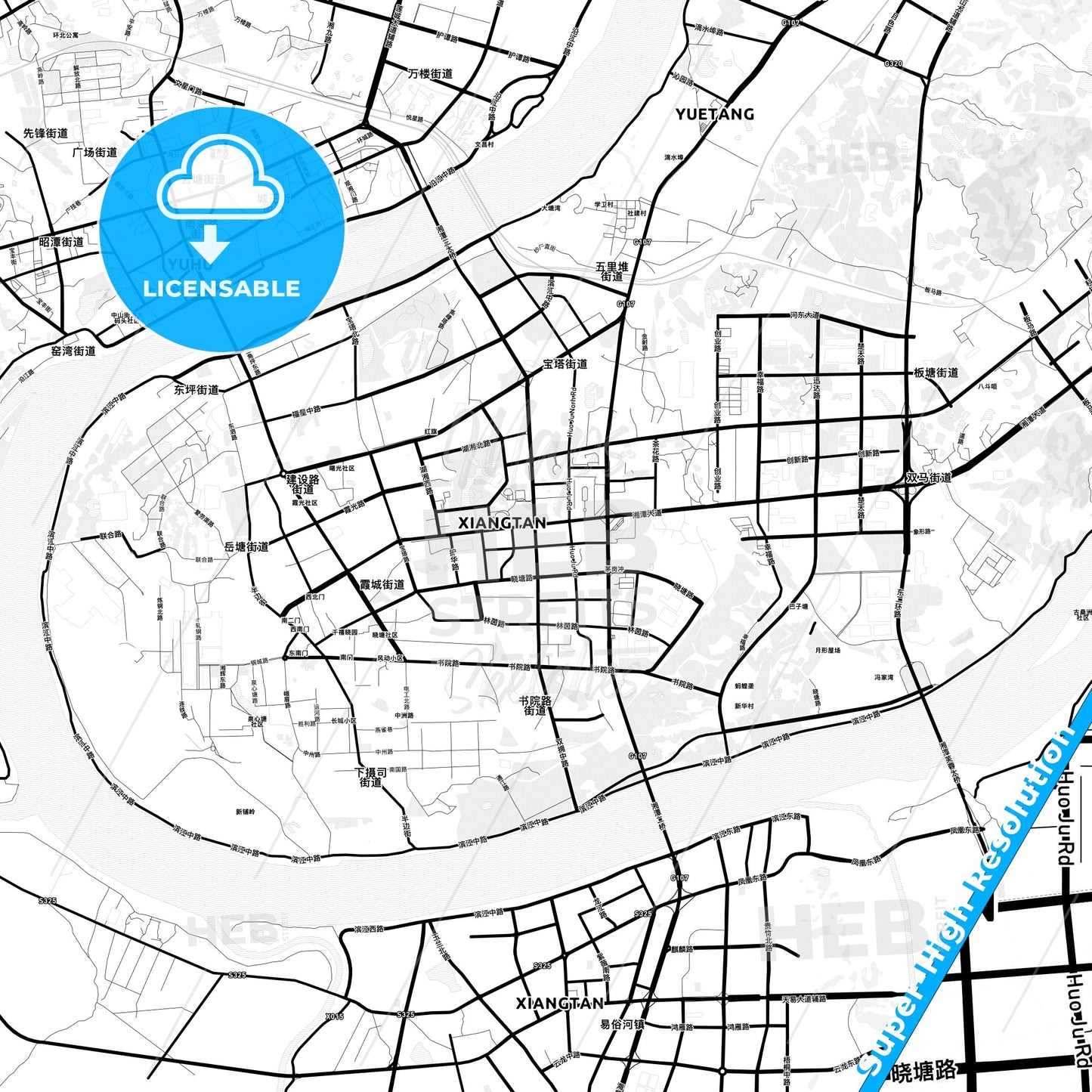 Xiangtan, China Light Map with Street Names, City Names, and Districts
