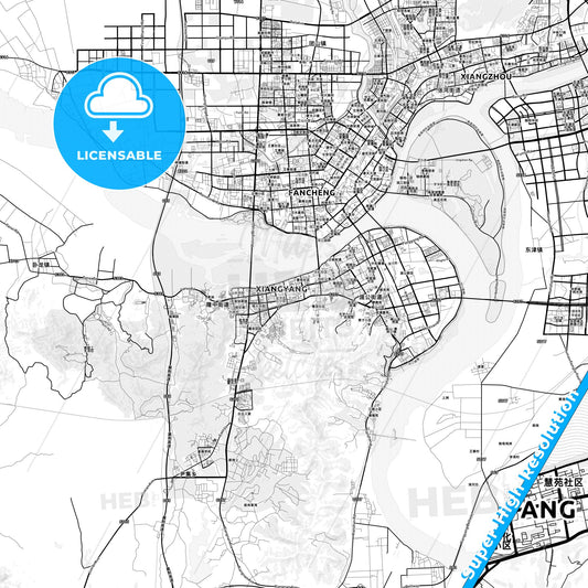 Xiangyang, China light map with streetnames, citynames and districts