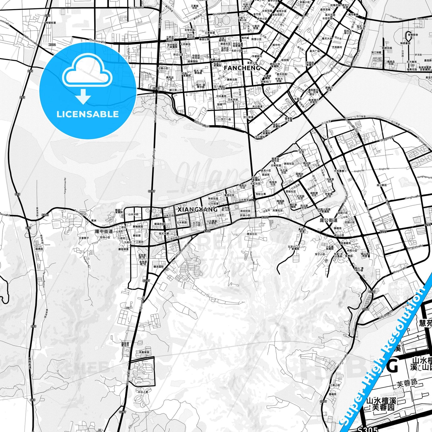 Xiangyang, China Light Map with Street Names, City Names, and Districts