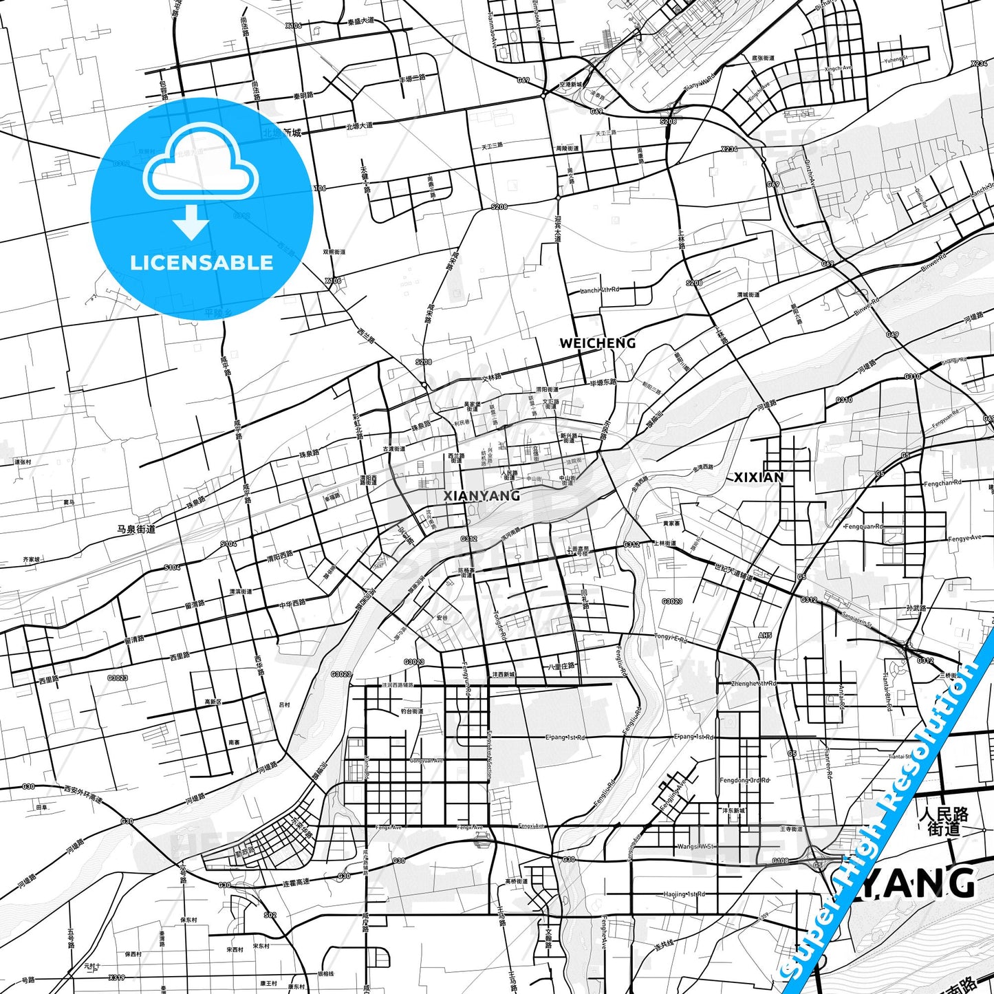 Xianyang, China light map with streetnames, citynames and districts