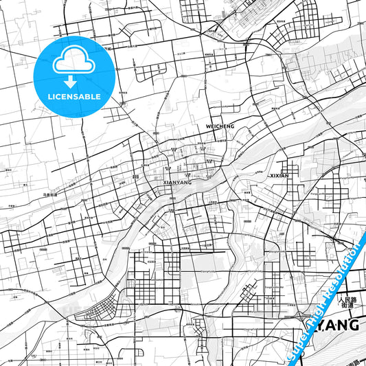 Xianyang, China light map with streetnames, citynames and districts