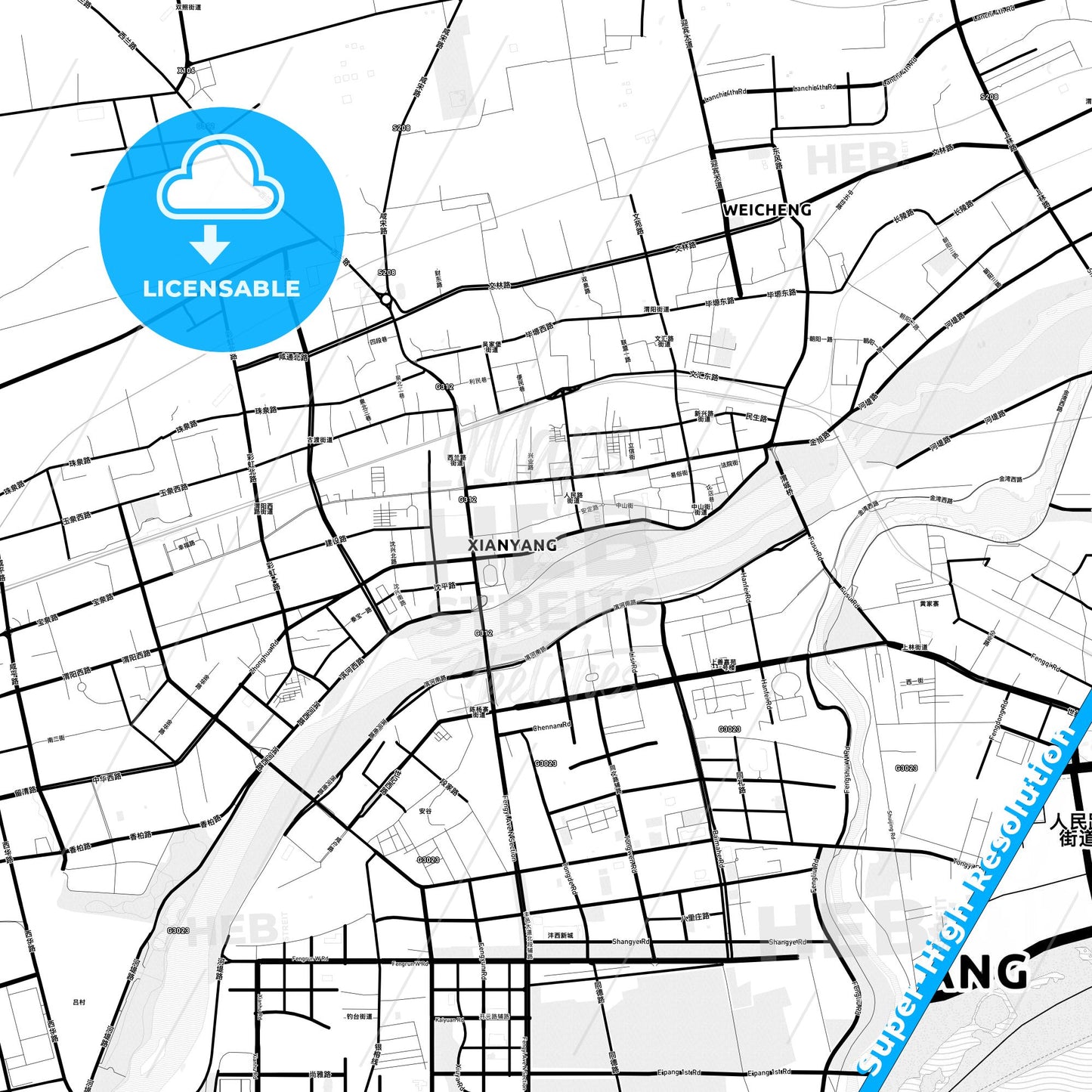 Xianyang, China Light Map with Street Names, City Names, and Districts
