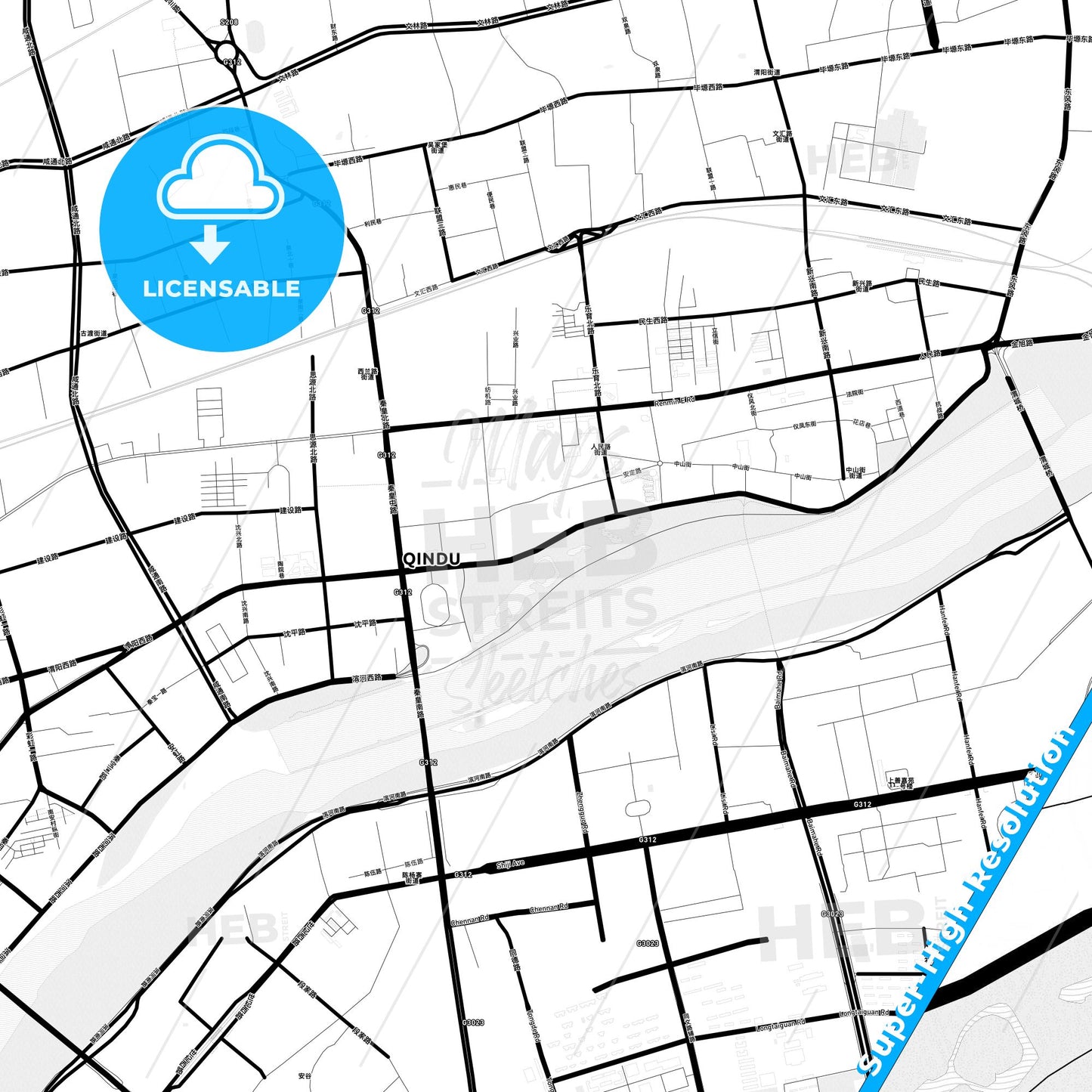 Xianyang, China Light Map with Street Names, City Names, and Districts