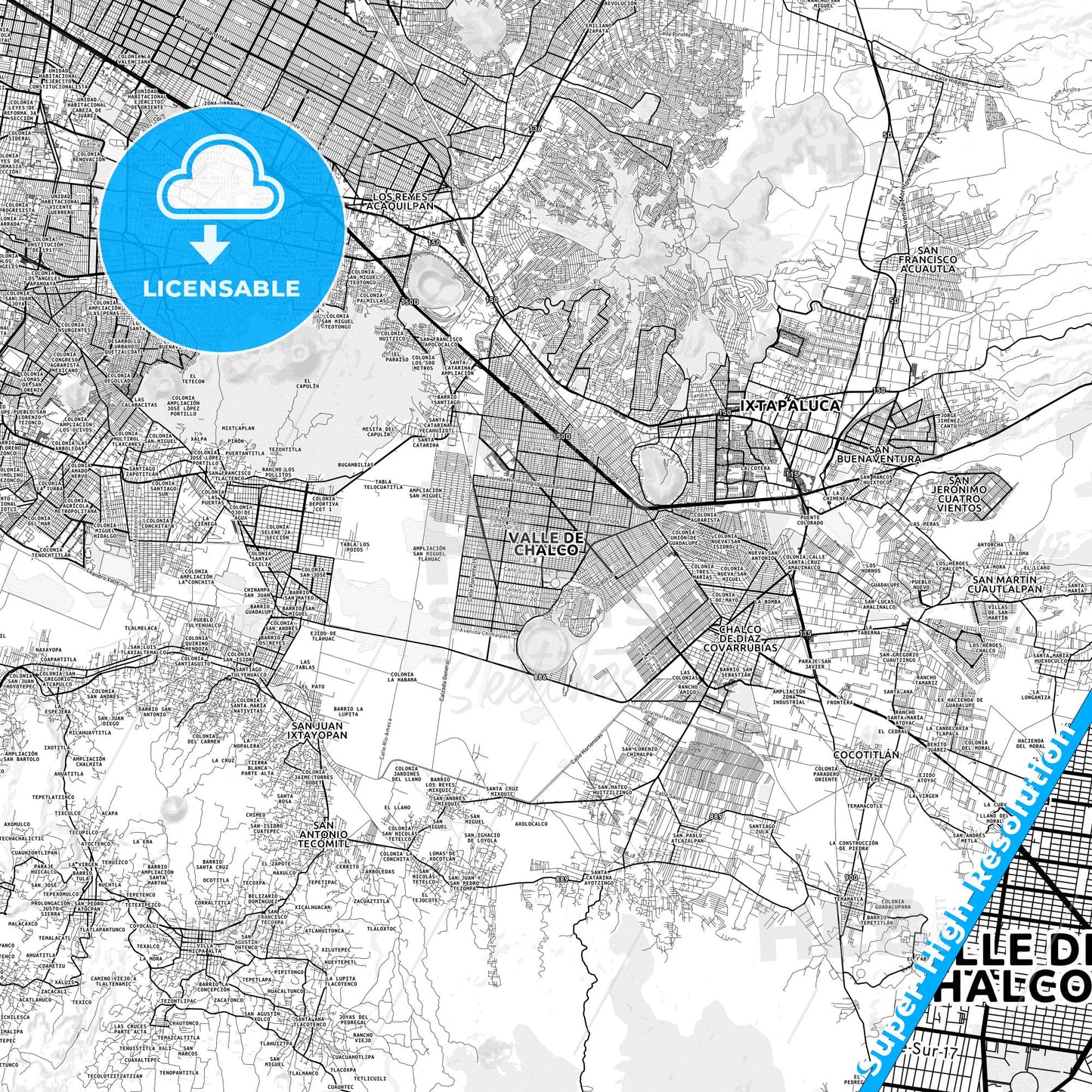 Xico, Mexico light map with streetnames, citynames and districts