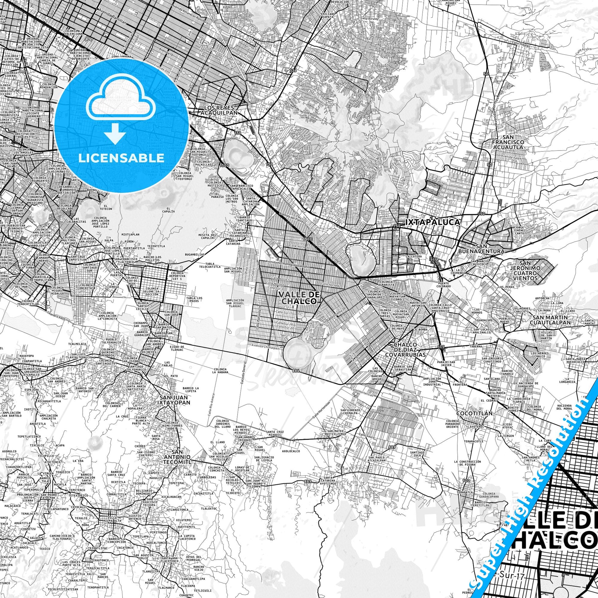 Xico, Mexico light map with streetnames, citynames and districts
