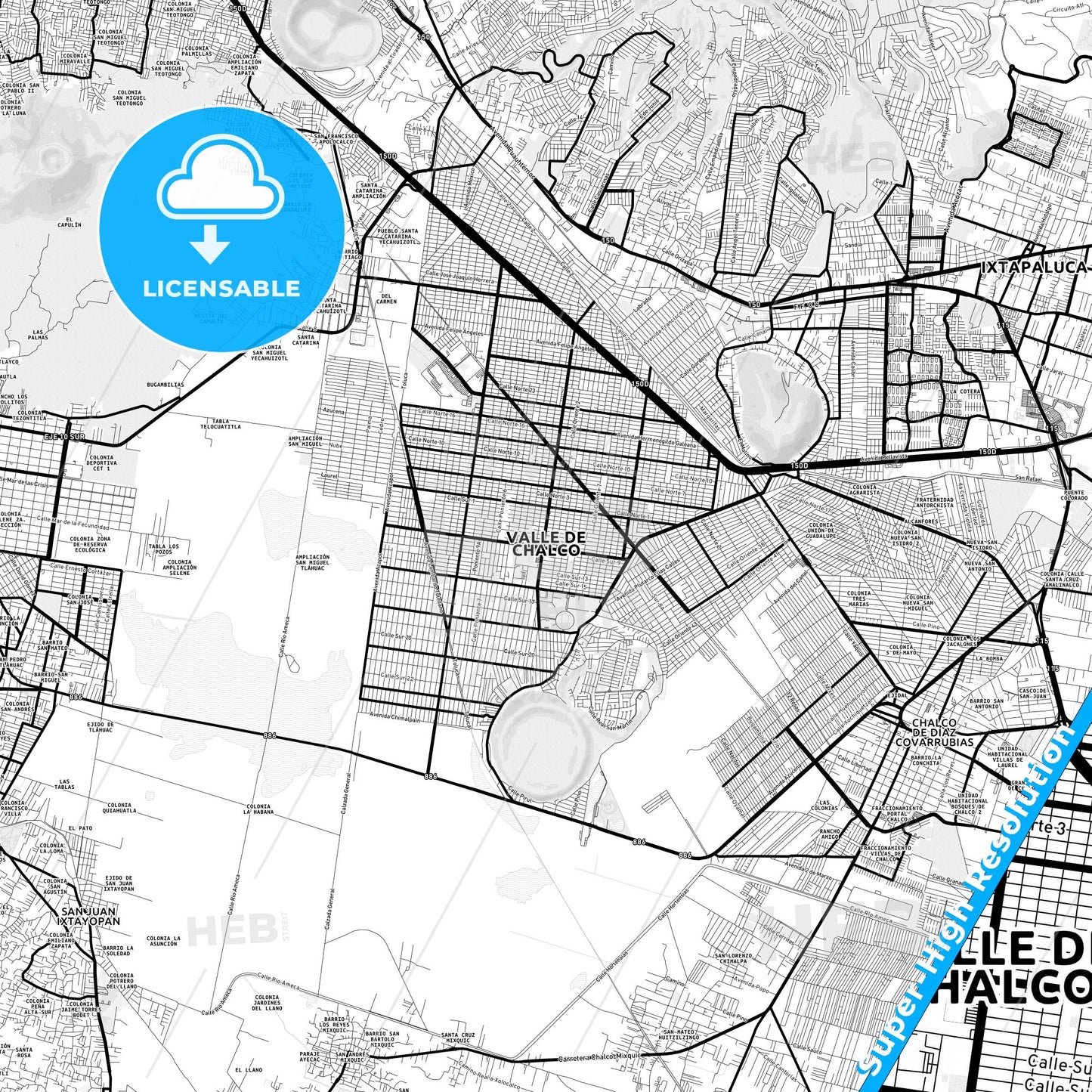 Xico, Mexico Light Map with Street Names, City Names, and Districts