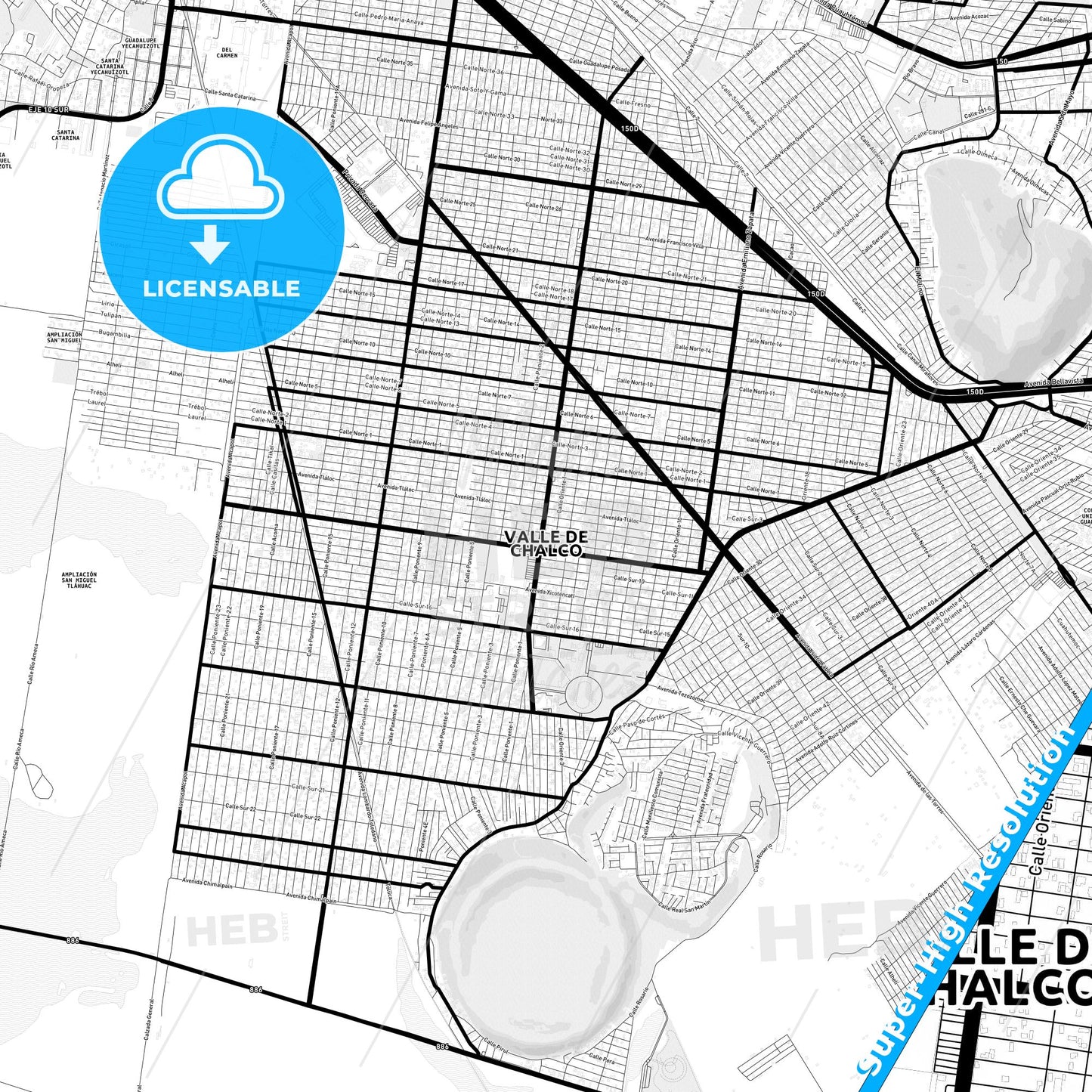 Xico, Mexico Light Map with Street Names, City Names, and Districts