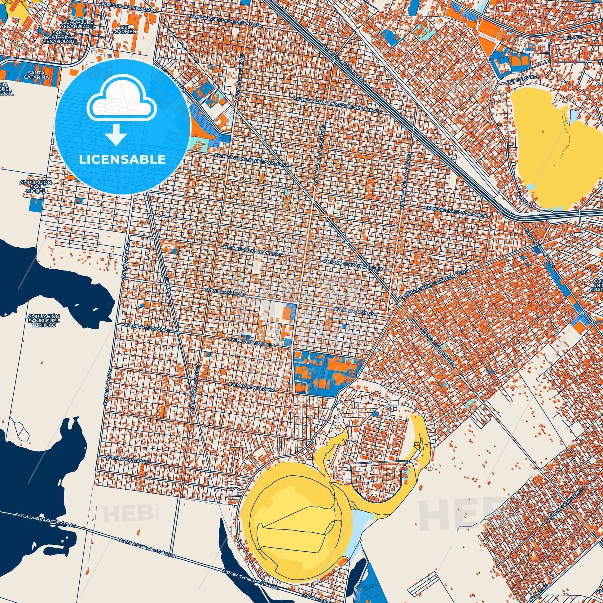 Colorful Xico Street Map with Labels and Buildings