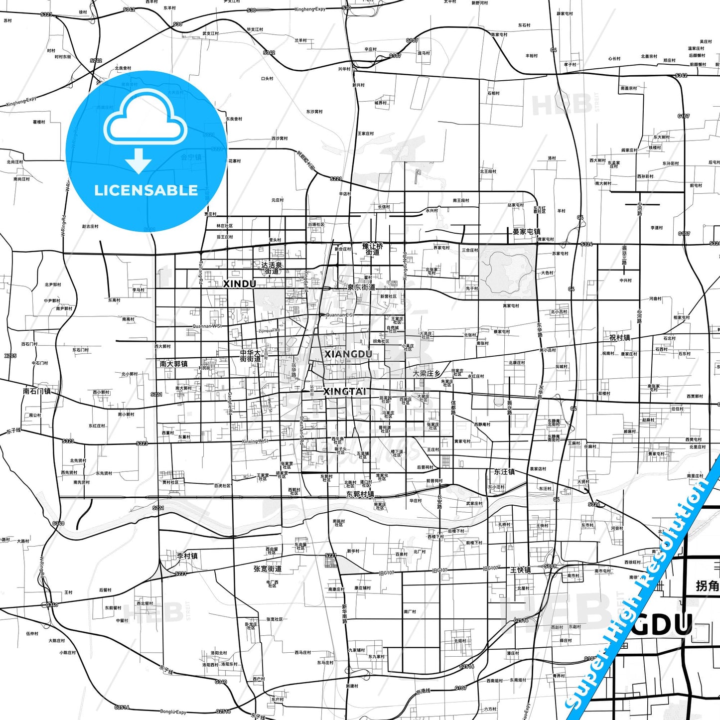 Xingtai, China light map with streetnames, citynames and districts