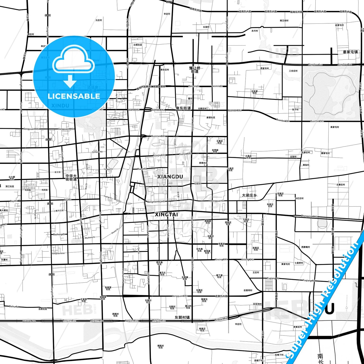 Xingtai, China Light Map with Street Names, City Names, and Districts