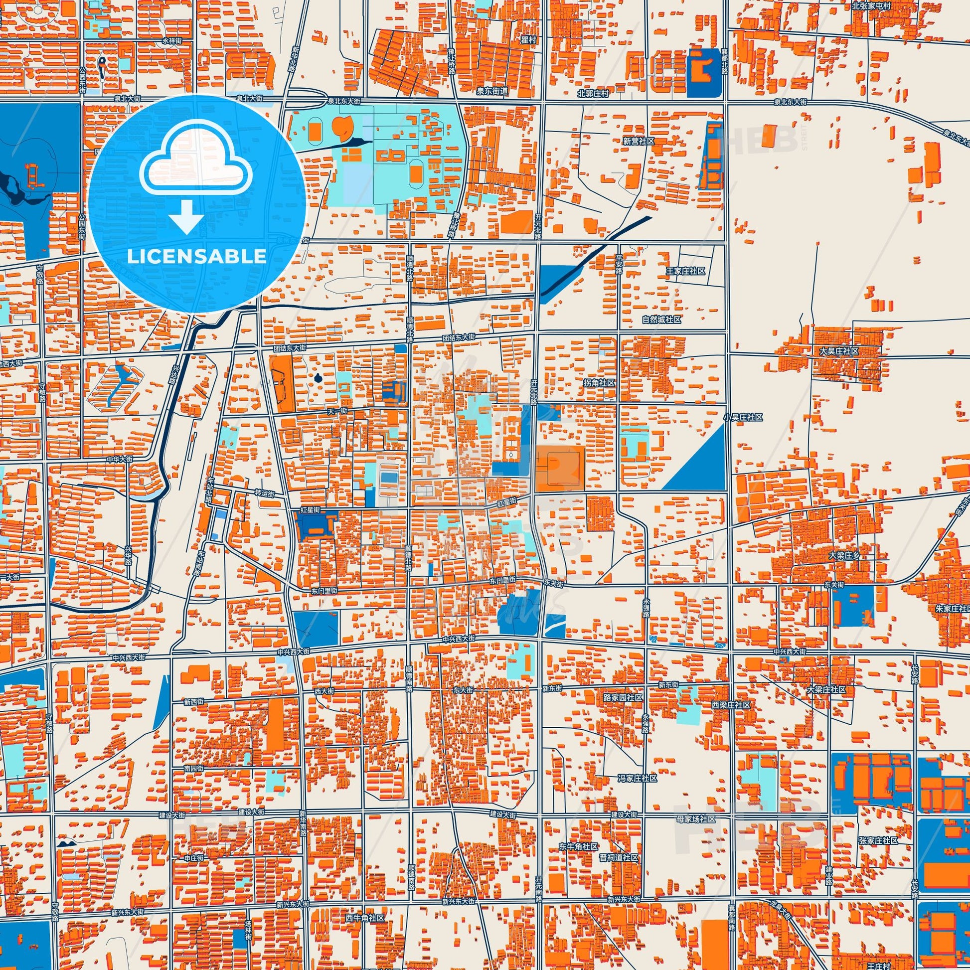 Colorful Xingtai Street Map with Labels and Buildings