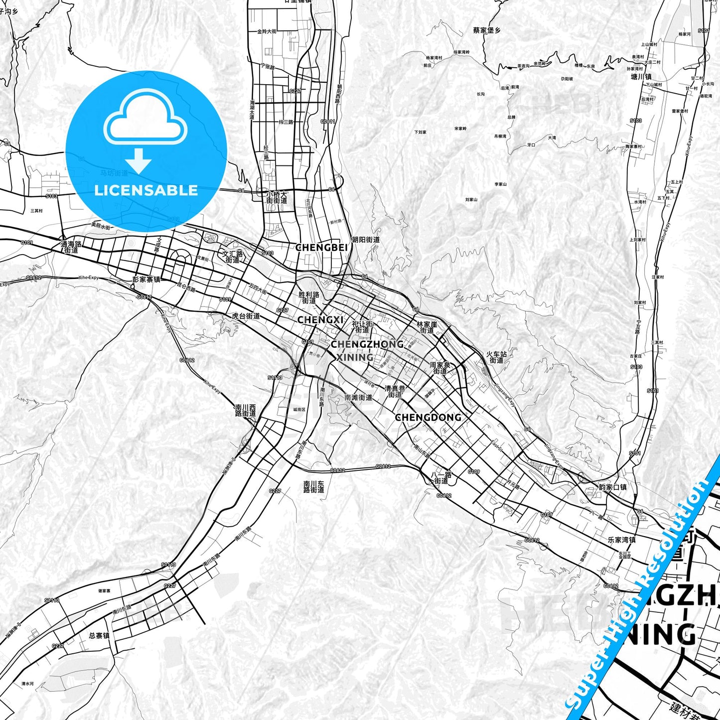 Xining, China light map with streetnames, citynames and districts