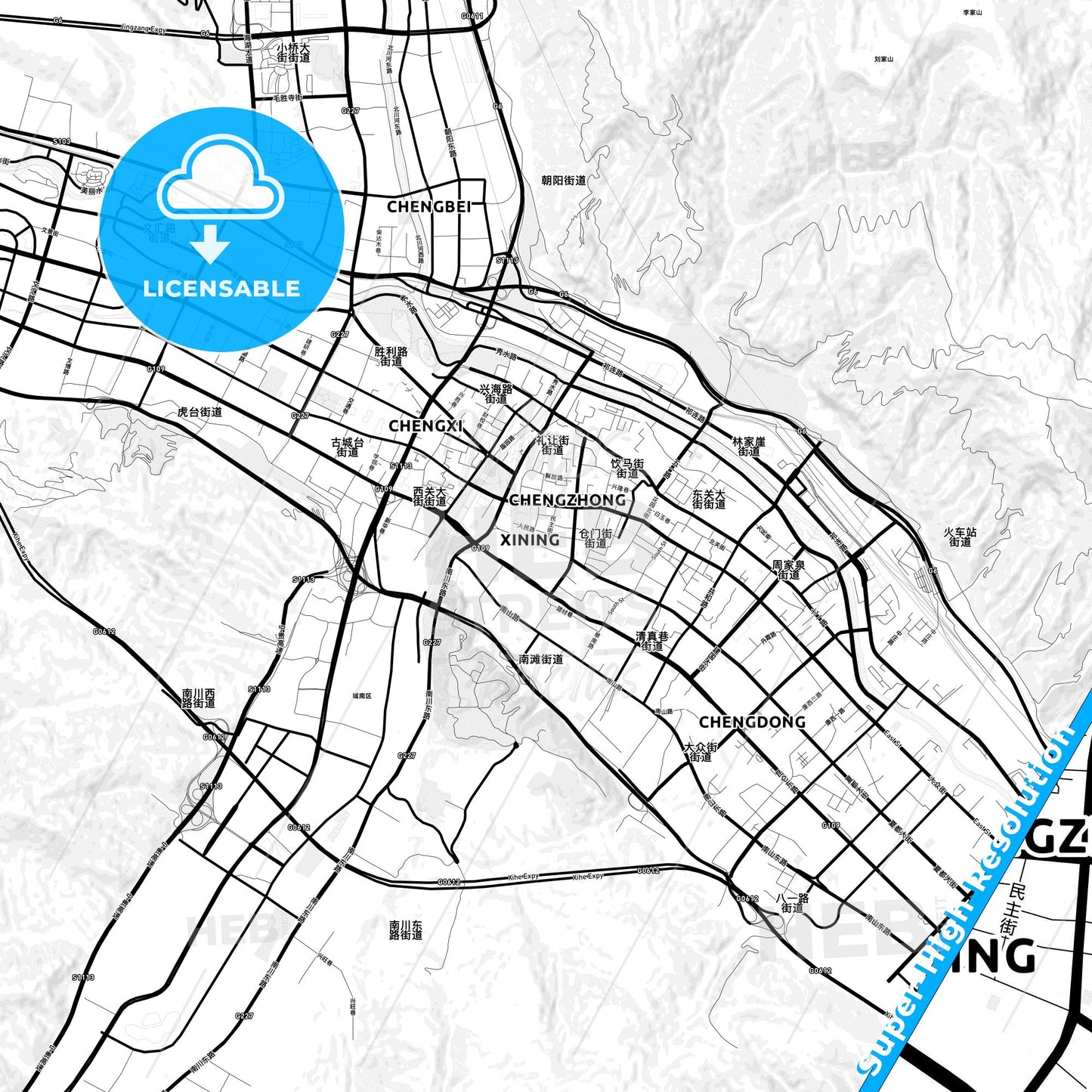 Xining, China Light Map with Street Names, City Names, and Districts