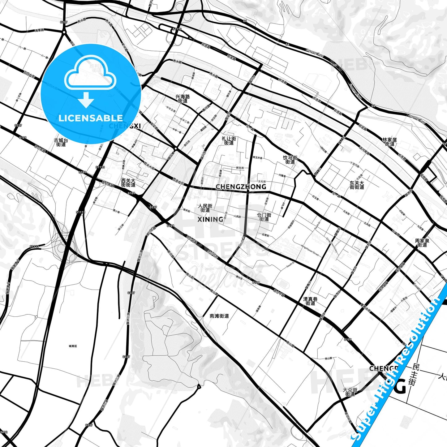 Xining, China Light Map with Street Names, City Names, and Districts