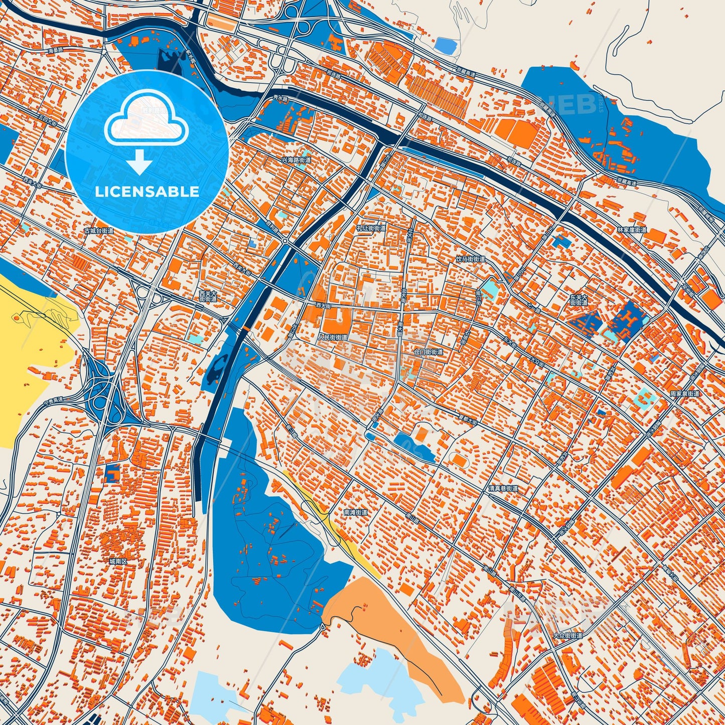 Colorful Xining Street Map with Labels and Buildings