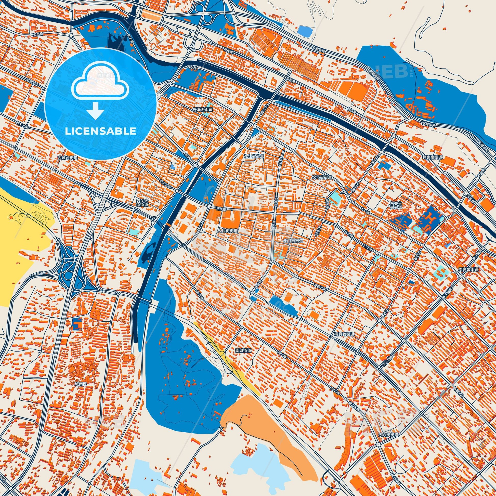 Colorful Xining Street Map with Labels and Buildings