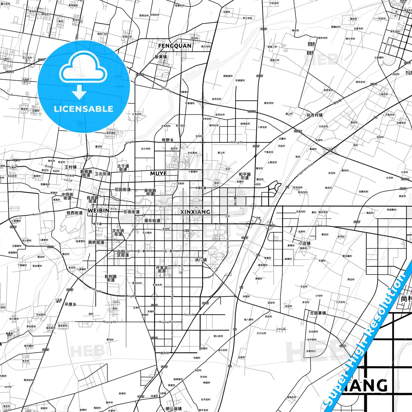 Xinxiang, China light map with streetnames, citynames and districts