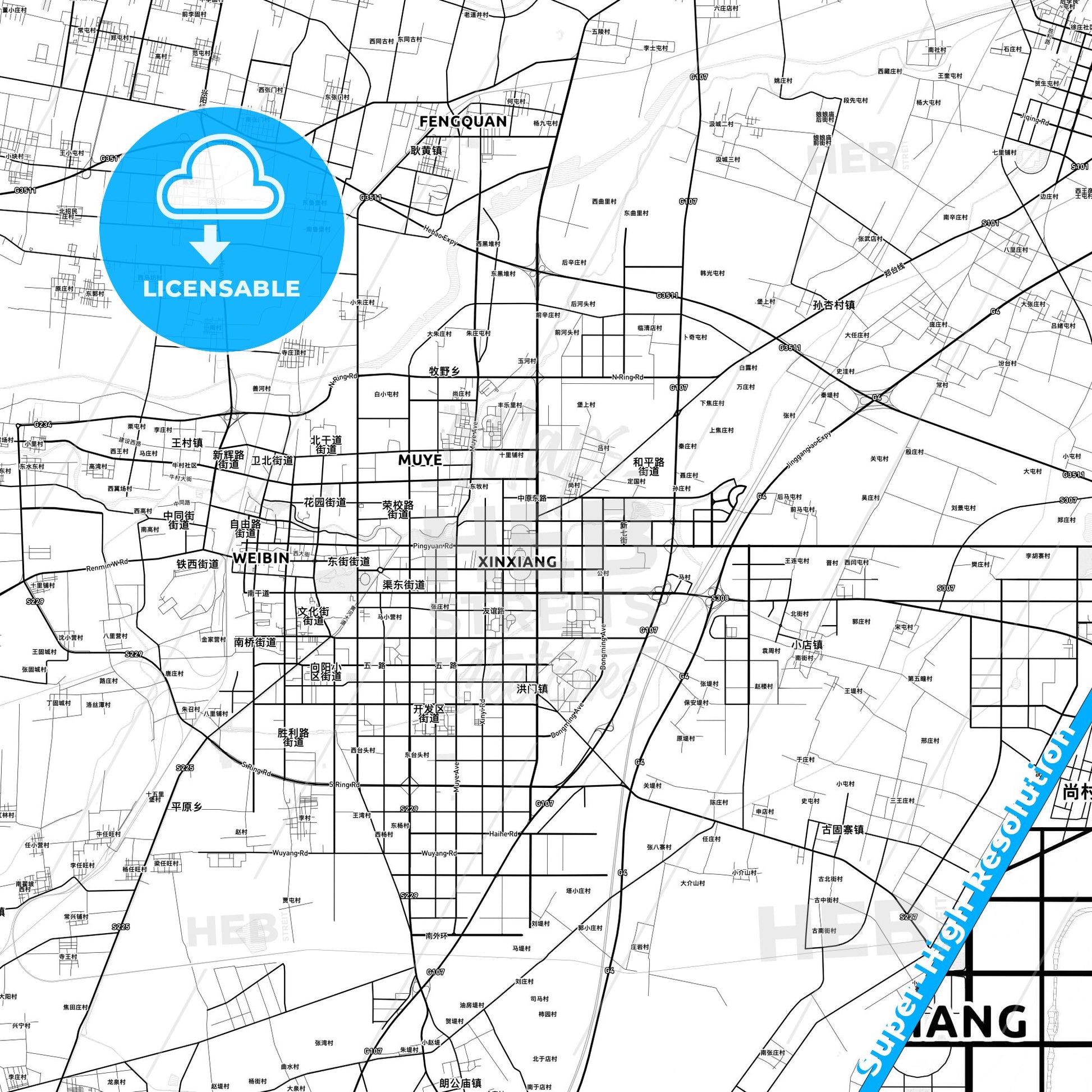 Xinxiang, China light map with streetnames, citynames and districts