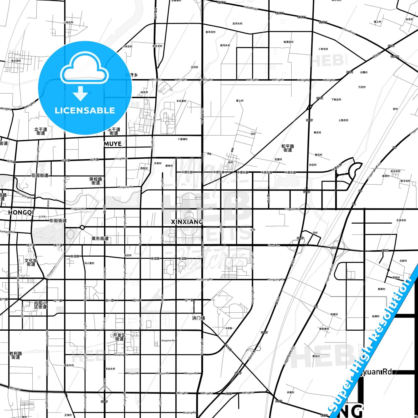 Xinxiang, China Light Map with Street Names, City Names, and Districts