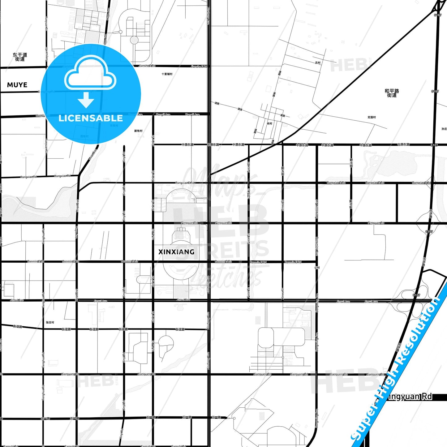Xinxiang, China Light Map with Street Names, City Names, and Districts