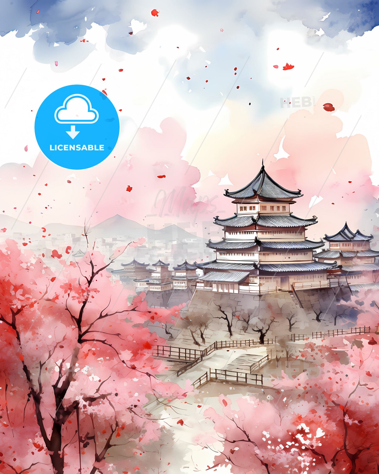 Artistic Painting of Xinxiang China Skyline with Pink Blossoming Tree