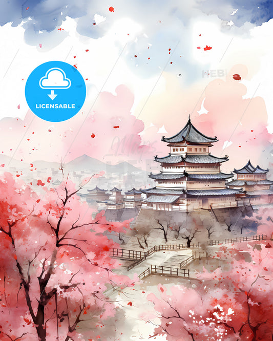 Artistic Painting of Xinxiang China Skyline with Pink Blossoming Tree