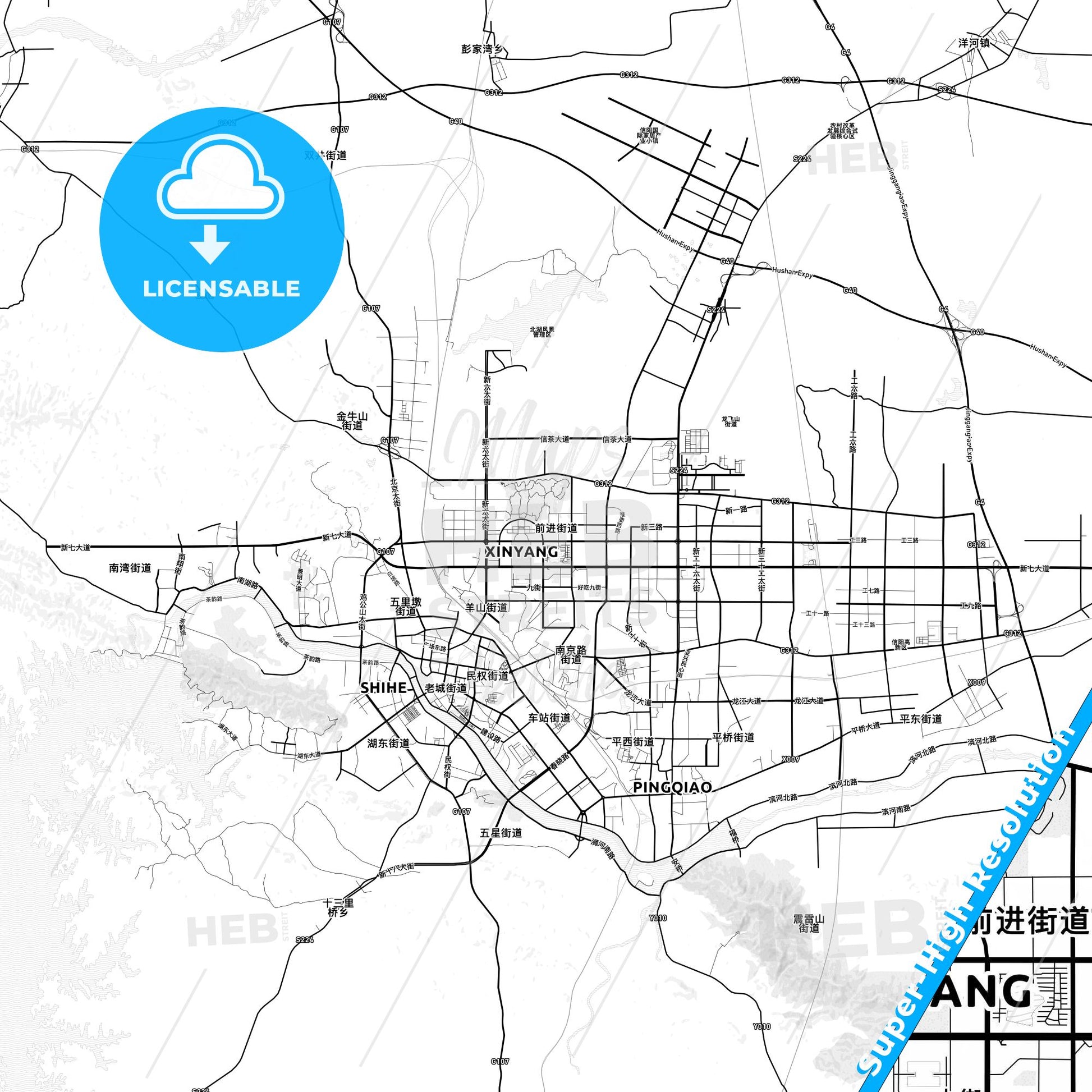 Xinyang, China light map with streetnames, citynames and districts