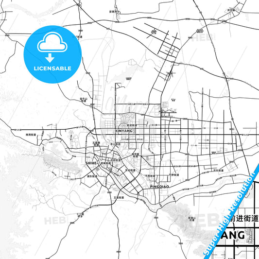 Xinyang, China light map with streetnames, citynames and districts