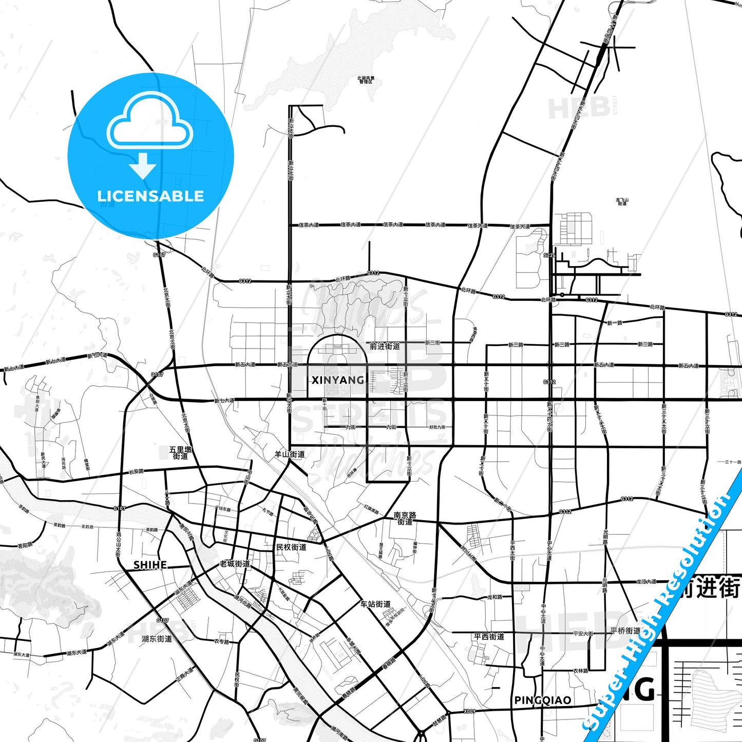 Xinyang, China Light Map with Street Names, City Names, and Districts