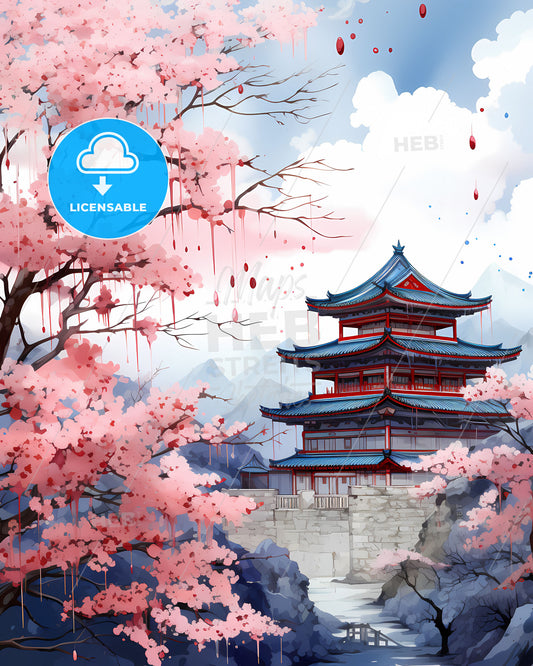 Vibrant Painting Featuring Xinyang China Skyline Amidst Cherry Blossom Tree