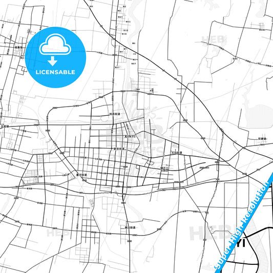 Xinyi, China light map with streetnames, citynames and districts