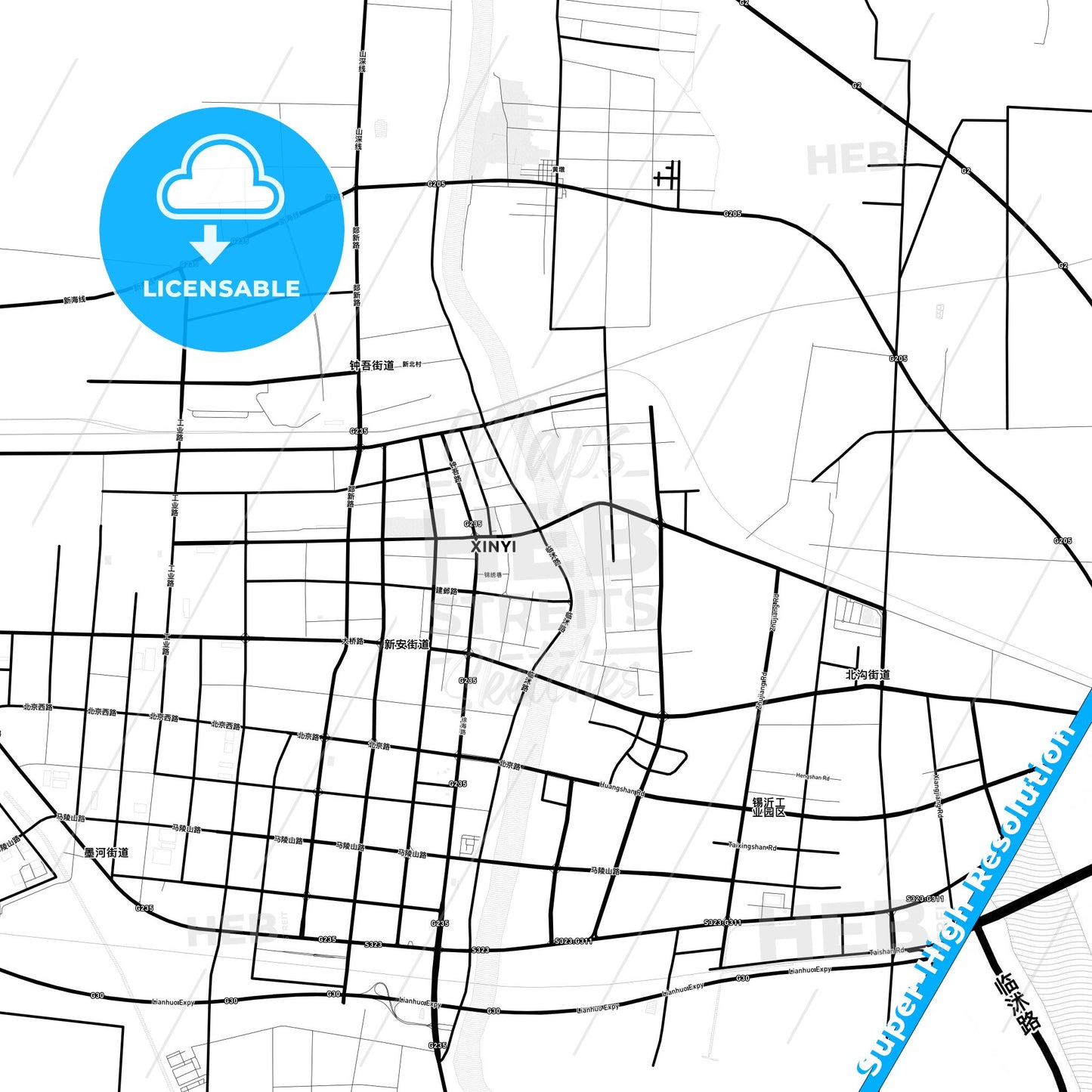 Xinyi, China Light Map with Street Names, City Names, and Districts