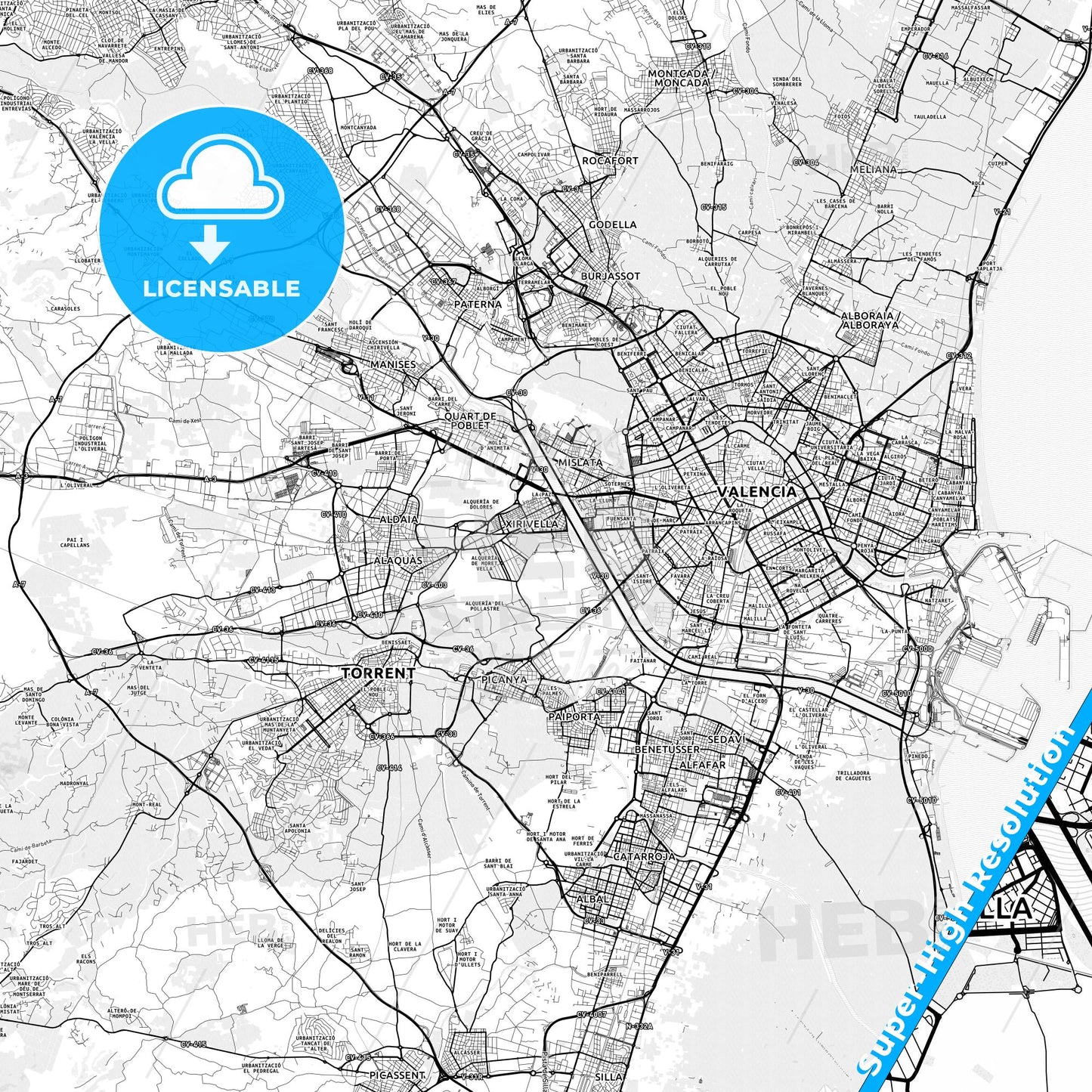 Xirivella, Spain light map with streetnames, citynames and districts