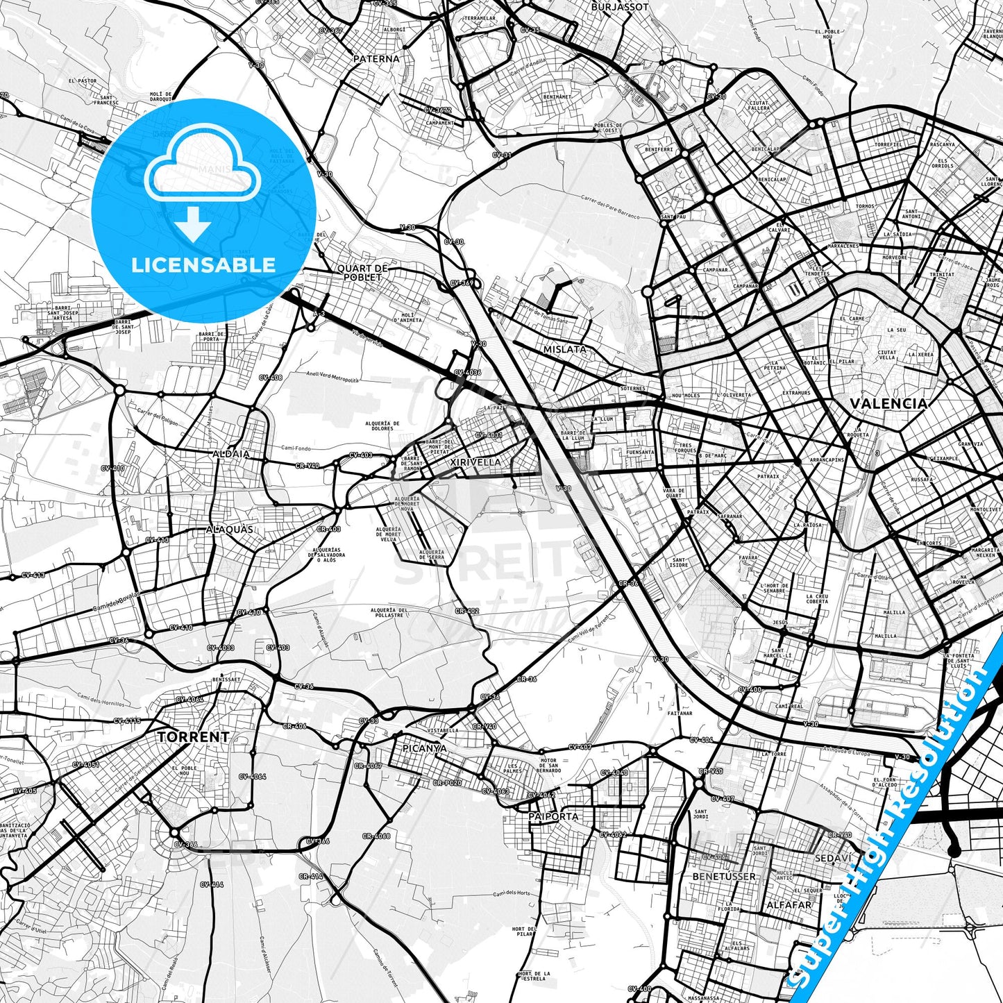 Xirivella, Spain Light Map with Street Names, City Names, and Districts