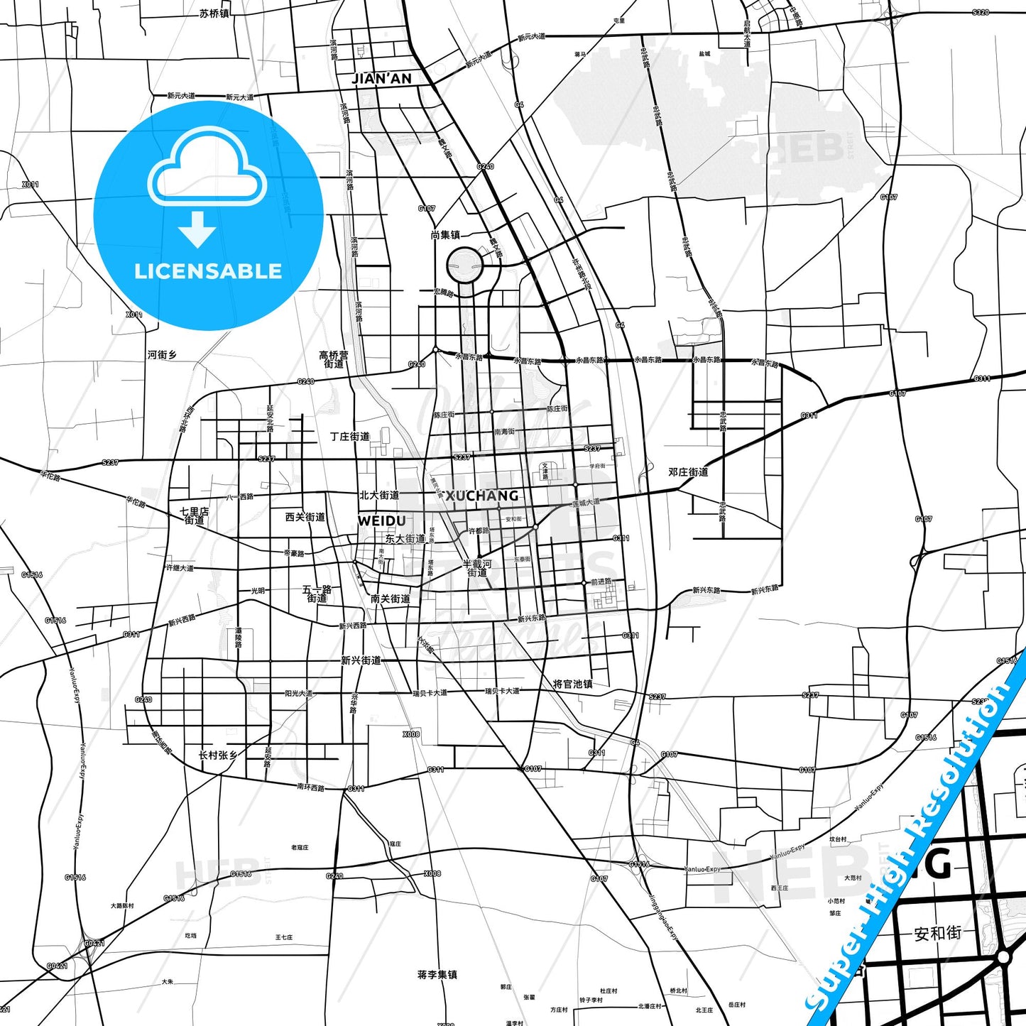 Xuchang, China light map with streetnames, citynames and districts