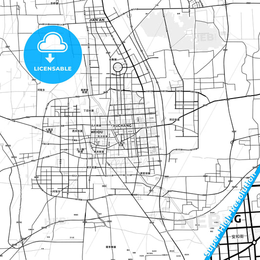 Xuchang, China light map with streetnames, citynames and districts