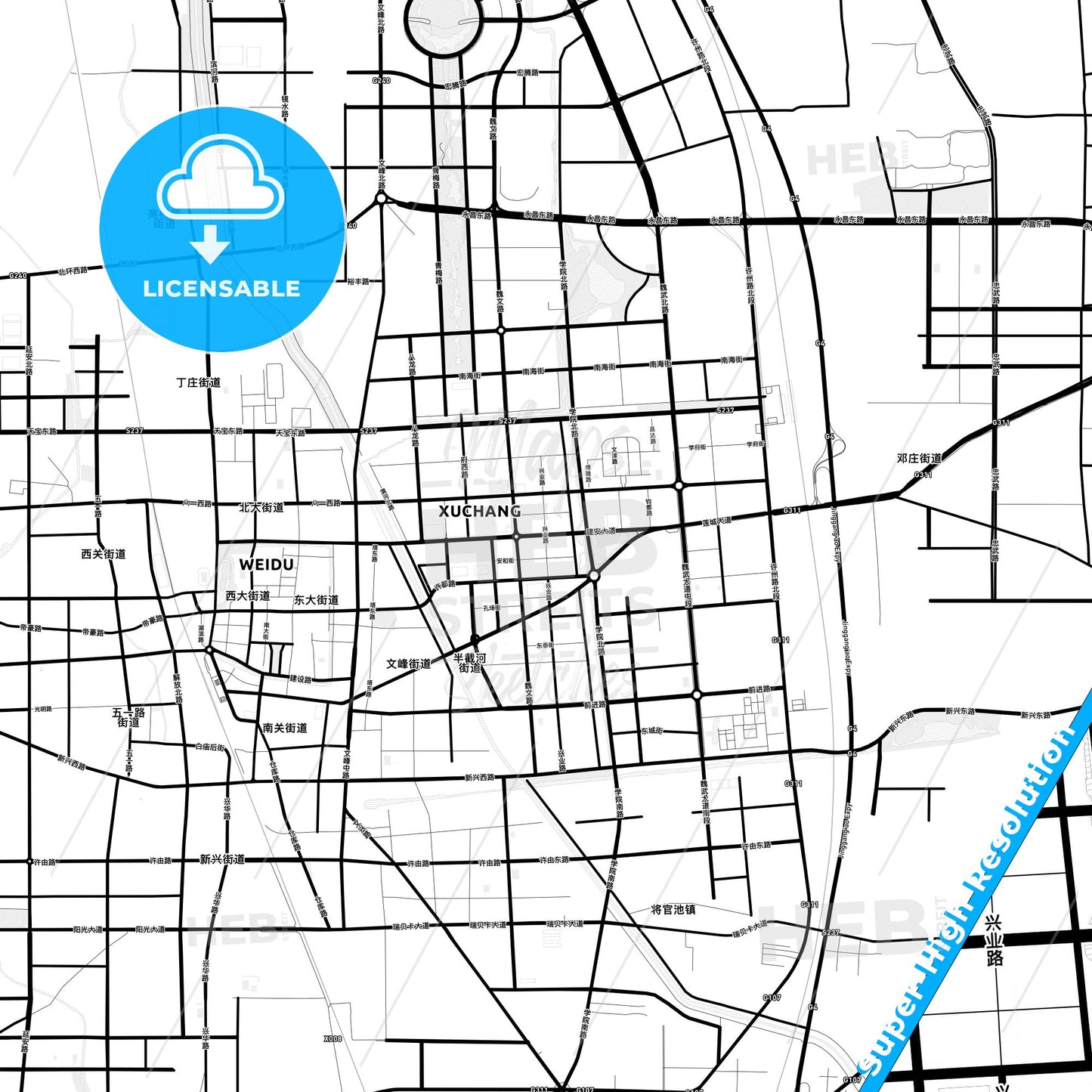 Xuchang, China Light Map with Street Names, City Names, and Districts
