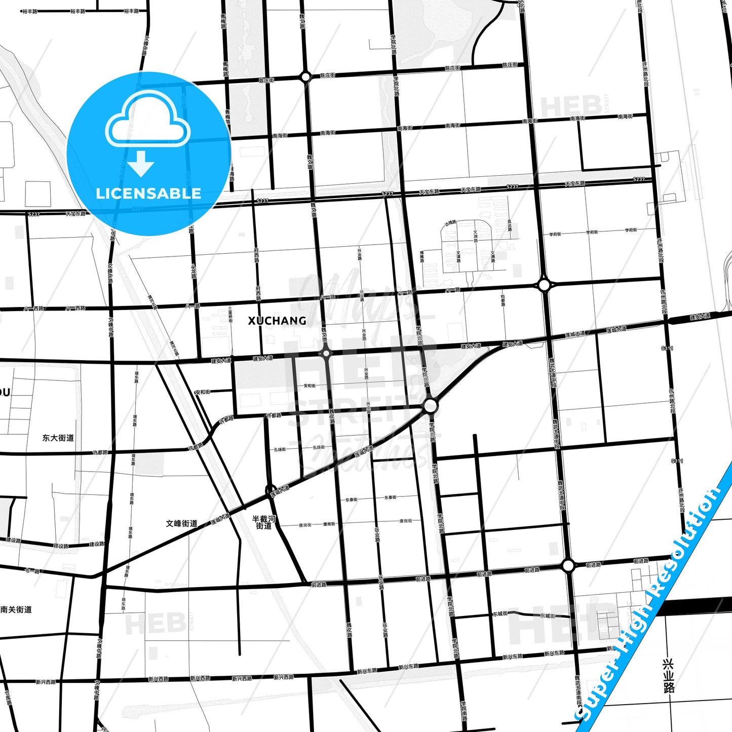 Xuchang, China Light Map with Street Names, City Names, and Districts