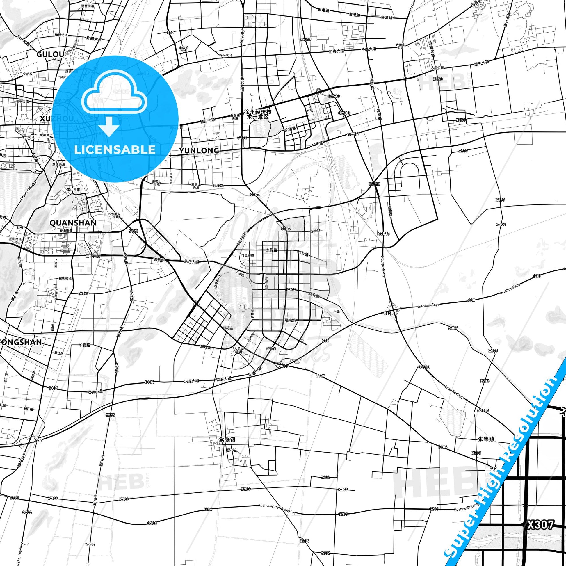 Xuzhou, China light map with streetnames, citynames and districts