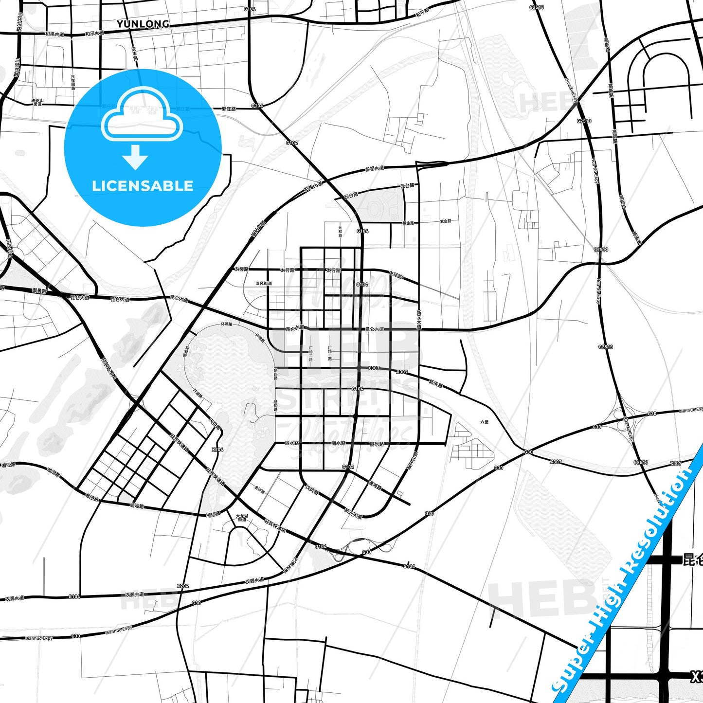 Xuzhou, China Light Map with Street Names, City Names, and Districts