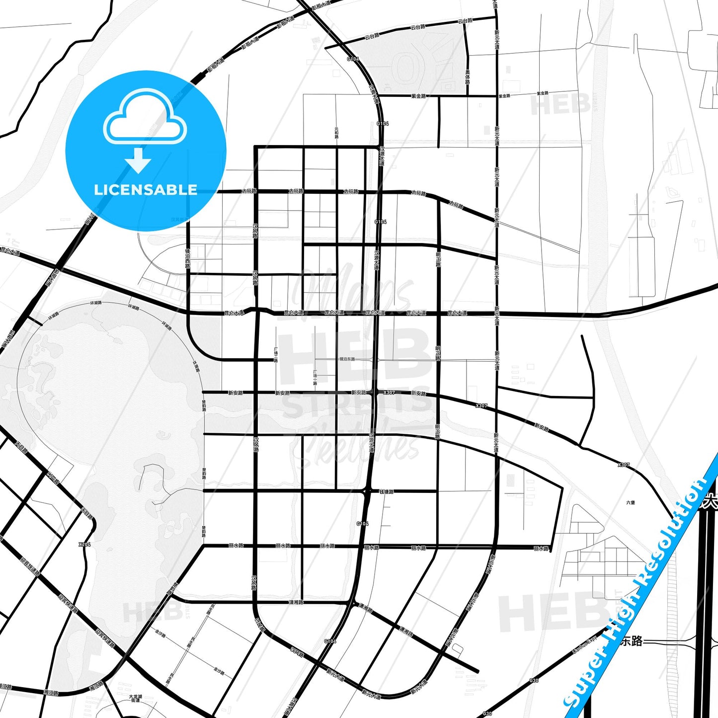 Xuzhou, China Light Map with Street Names, City Names, and Districts