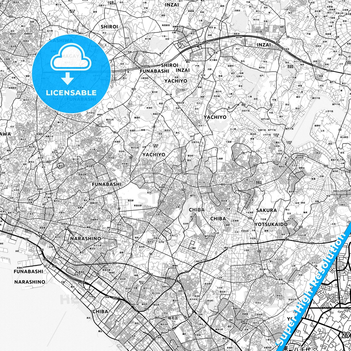 Yachiyo, Japan light map with streetnames, citynames and districts