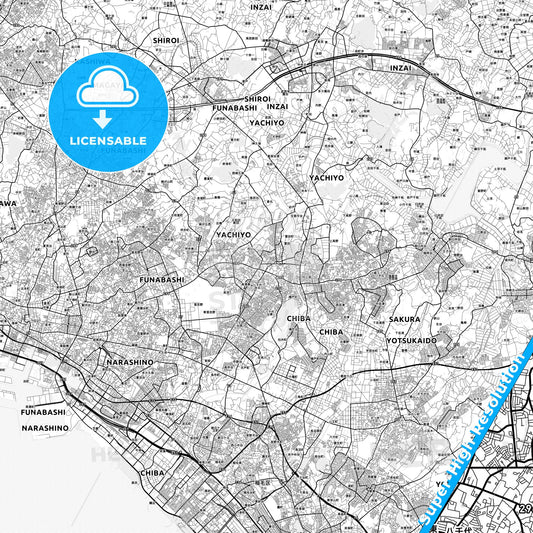 Yachiyo, Japan light map with streetnames, citynames and districts